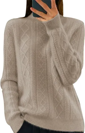 Women's Cable Knit Long Sleeve V Neck Turtleneck Sweaters Vintage Chunky Argyle Sweater Pullover Top for Fall Winter