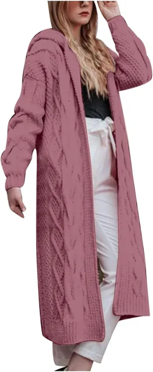 Women's Cable Knit Sweater Cardigan 2023 Fashion Long Sleeve Hooded Coats Open Front Long Cardigans Outwear
