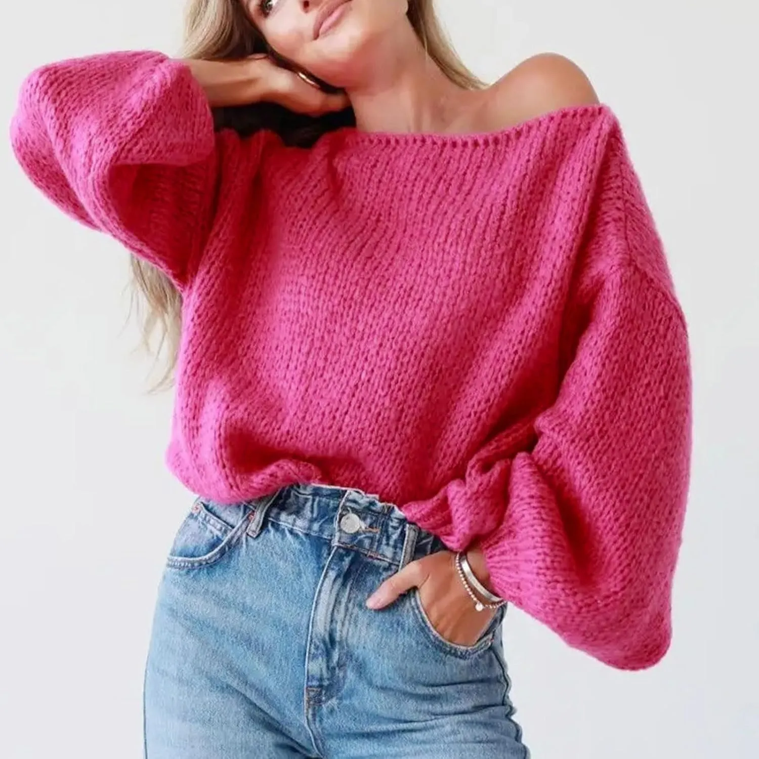 Womens Cable Knit Sweater Long Sleeve Lightweight Sweaters Loose Casual Comfortable Sweaters