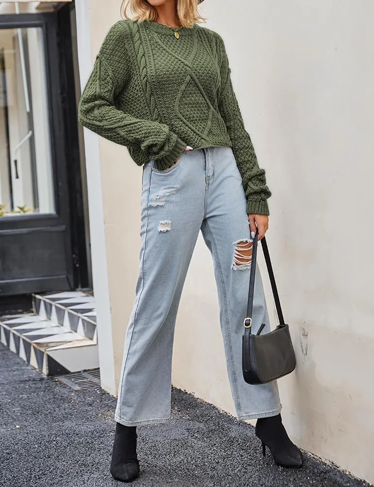 Women's Cable Knit Sweater Oversized Casual Trendy Fall Winter Crewneck Long Sleeve Chunky Pullover Sweater