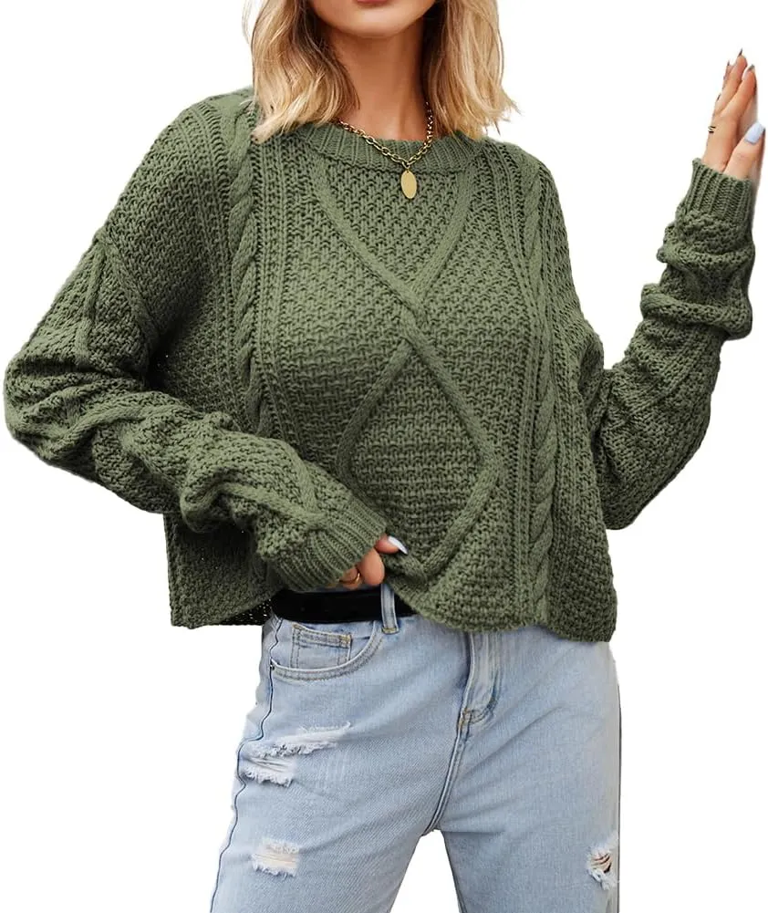 Women's Cable Knit Sweater Oversized Casual Trendy Fall Winter Crewneck Long Sleeve Chunky Pullover Sweater