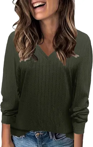 Women's Cable Knit Sweaters Long Sleeve V Neck Blouse Trendy 2024 Solid Color Sweater Tops Ladies Fall Daily Tops
