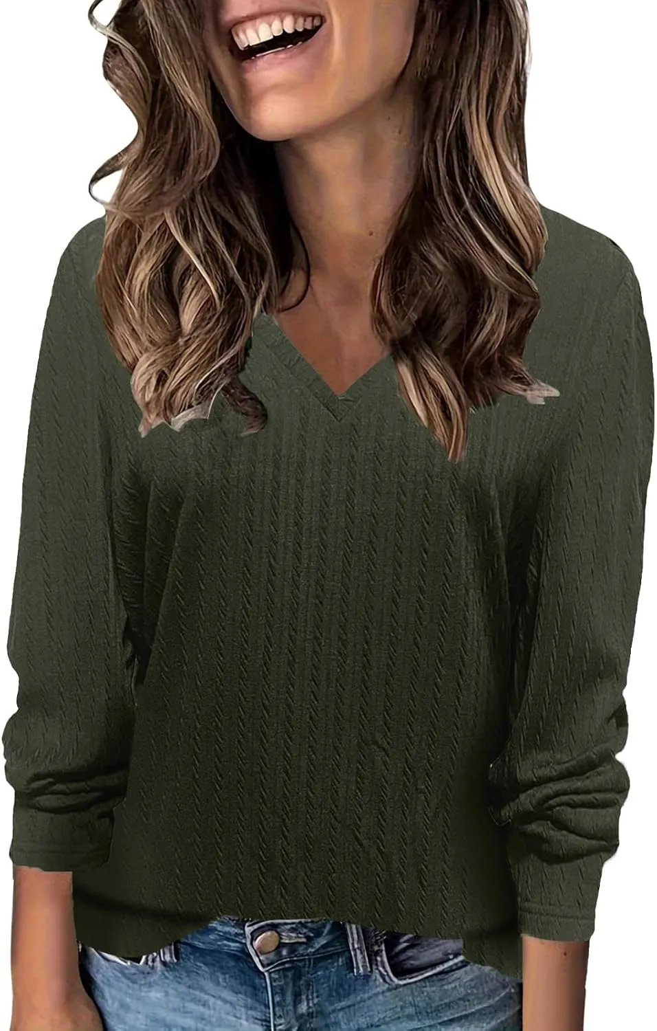 Women's Cable Knit Sweaters Long Sleeve V Neck Blouse Trendy 2024 Solid Color Sweater Tops Ladies Fall Daily Tops