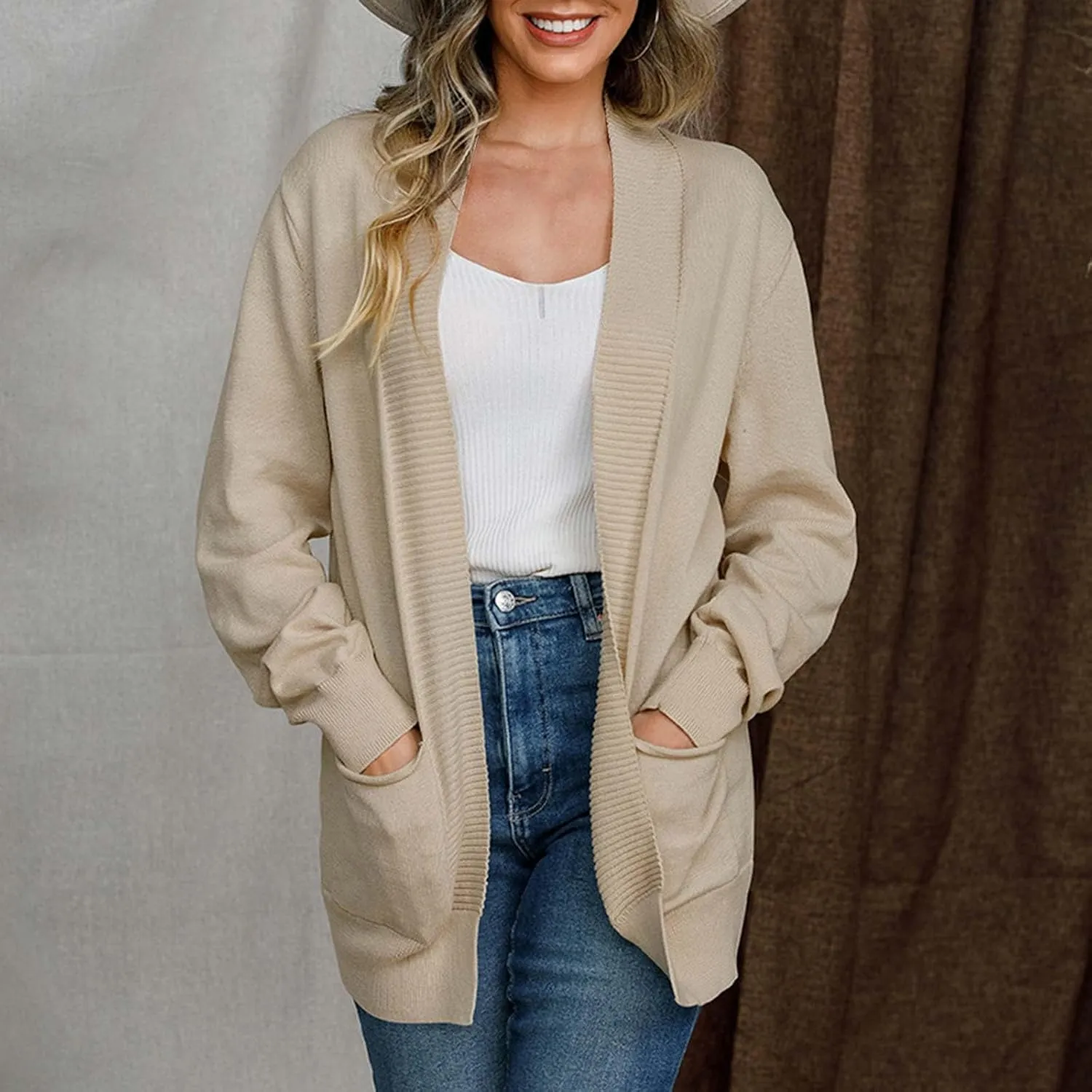 Women's Cardigan 2023 Long Sleeve Open Front Solid Color Outerwear Coats Lightweight Chunky Knit Draped Casual Sweaters