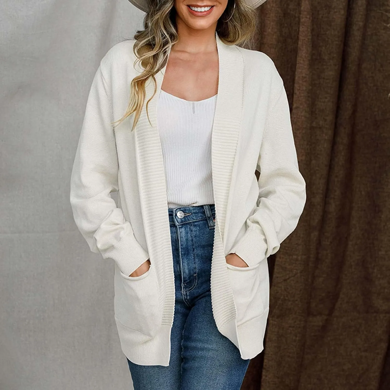 Women's Cardigan 2023 Long Sleeve Open Front Solid Color Outerwear Coats Lightweight Chunky Knit Draped Casual Sweaters