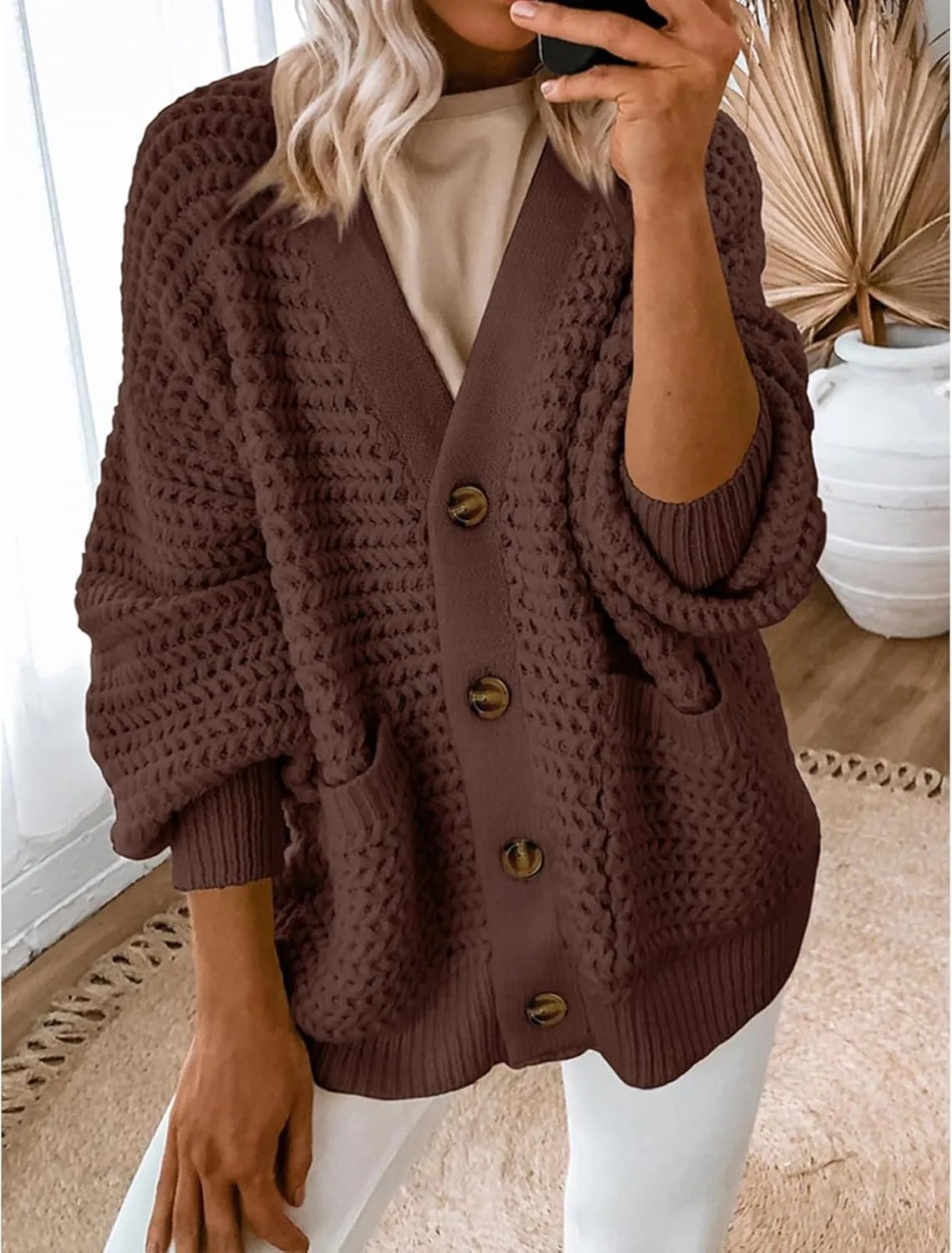 Womens Cardigan Sweaters Button Up Chunky Knit Cardigans V Neck Loose Fit Jackets Outwear
