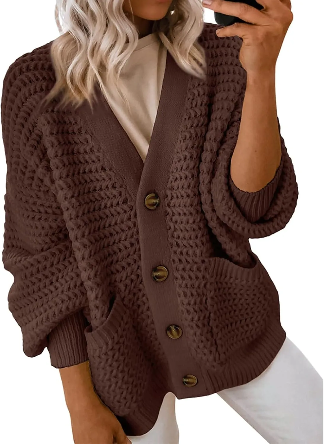 Womens Cardigan Sweaters Button Up Chunky Knit Cardigans V Neck Loose Fit Jackets Outwear