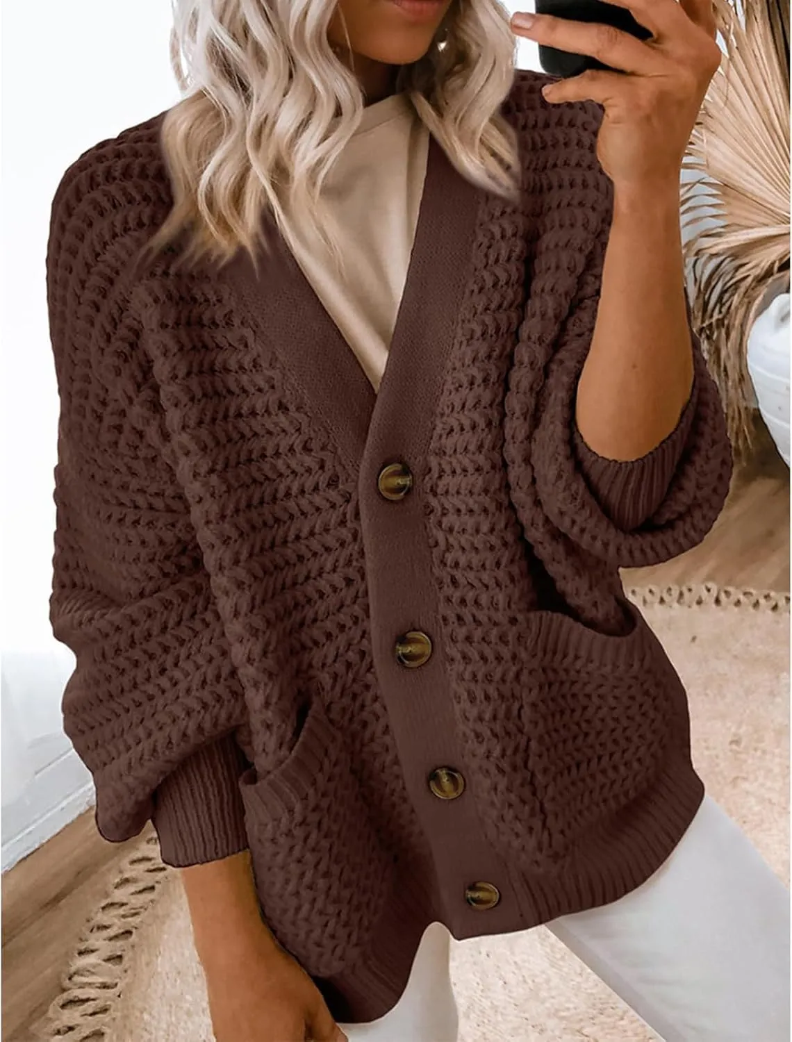 Womens Cardigan Sweaters Button Up Chunky Knit Cardigans V Neck Loose Fit Jackets Outwear