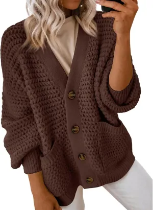 Womens Cardigan Sweaters Button Up Chunky Knit Cardigans V Neck Loose Fit Jackets Outwear