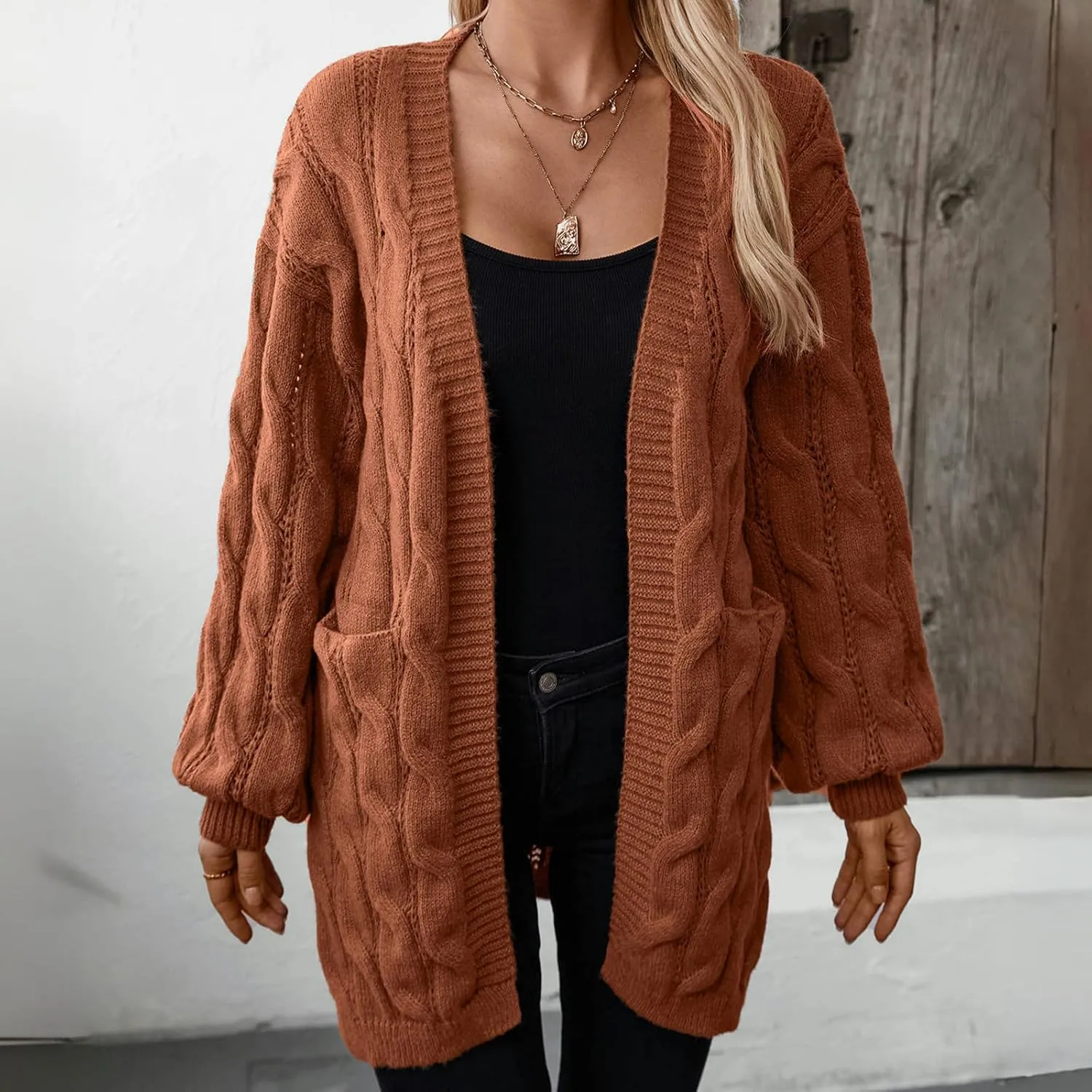 Women's Cardigan Sweaters Long Open Front Cardigans Long Sleeve Chunky Cable Knit Cardigan with 2 Pockets