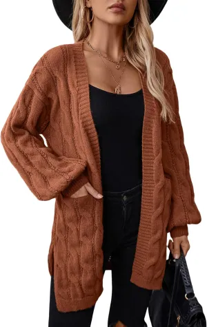Women's Cardigan Sweaters Long Open Front Cardigans Long Sleeve Chunky Cable Knit Cardigan with 2 Pockets