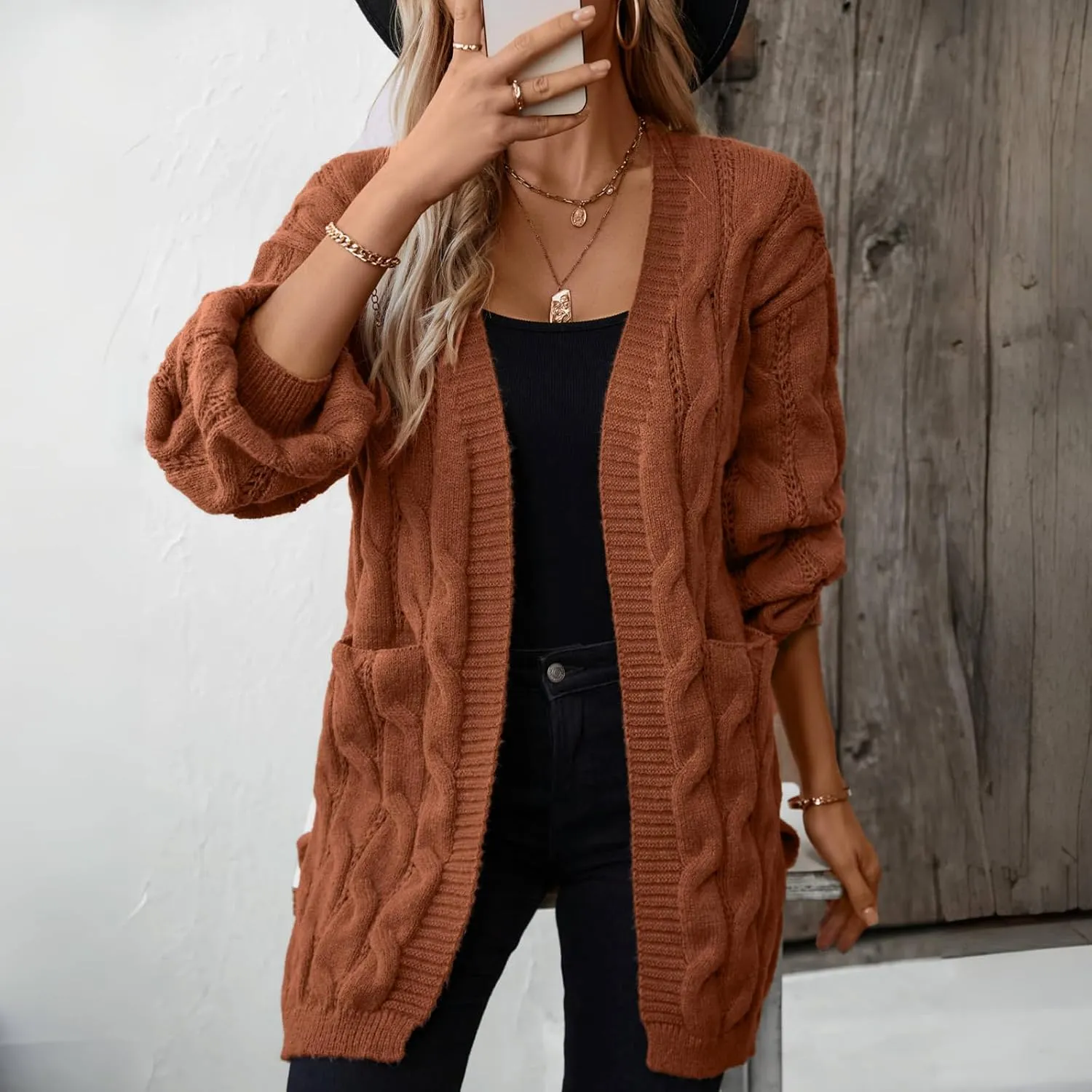 Women's Cardigan Sweaters Long Open Front Cardigans Long Sleeve Chunky Cable Knit Cardigan with 2 Pockets