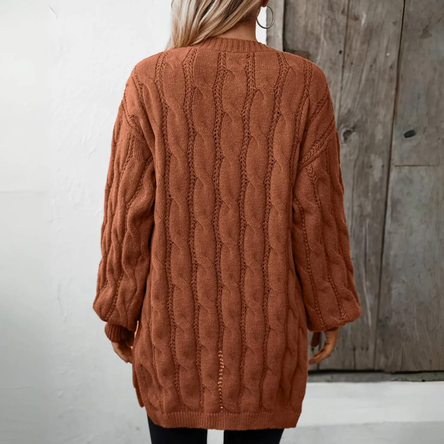 Women's Cardigan Sweaters Long Open Front Cardigans Long Sleeve Chunky Cable Knit Cardigan with 2 Pockets
