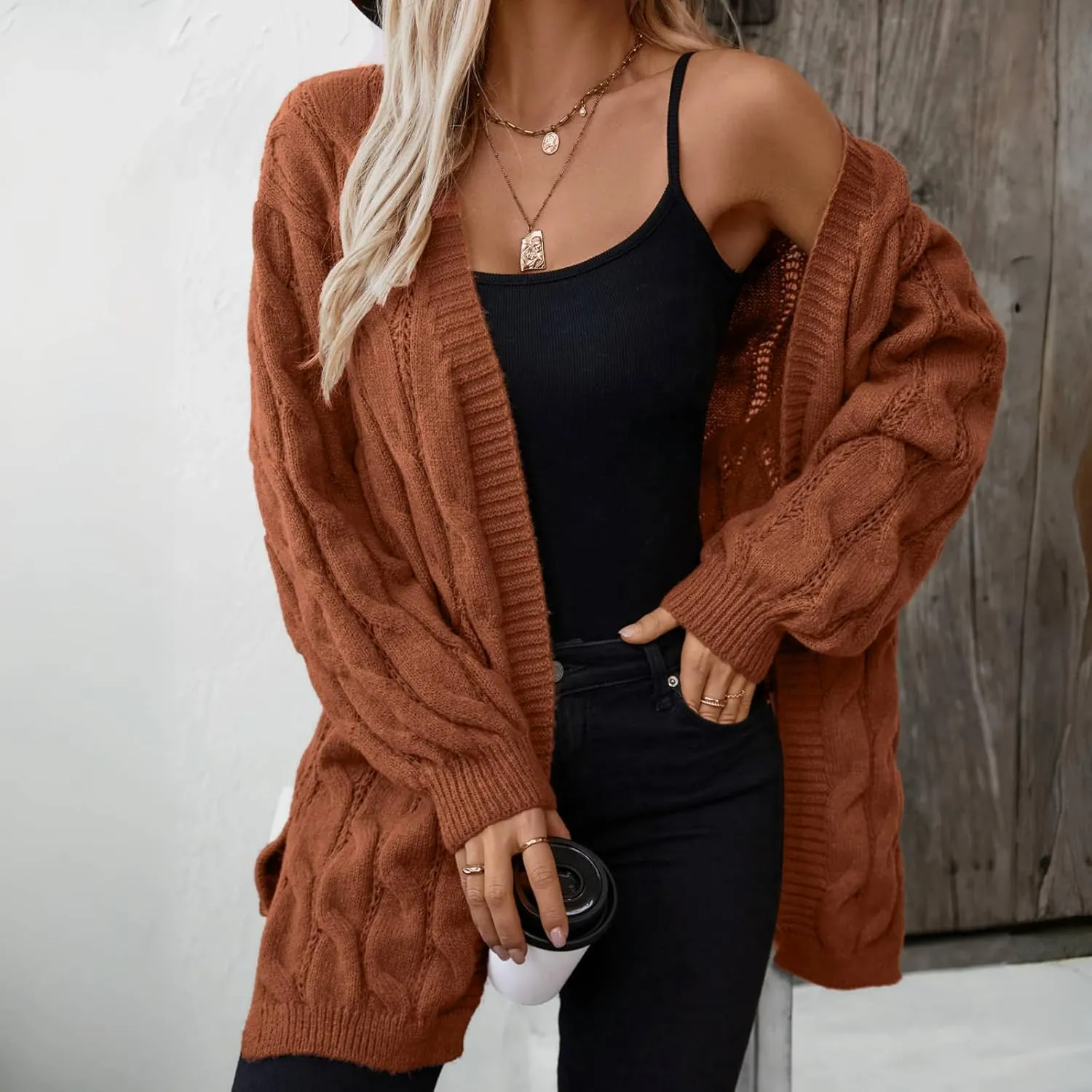 Women's Cardigan Sweaters Long Open Front Cardigans Long Sleeve Chunky Cable Knit Cardigan with 2 Pockets