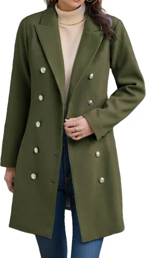 Womens Casual Coat Double Breasted Mid Long Pea Coat Notched Collar Wool Blend Overcoat
