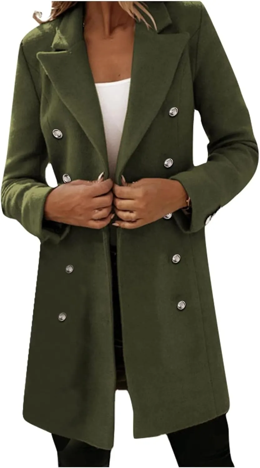 Womens Casual Coat Double Breasted Mid Long Pea Coat Notched Collar Wool Blend Overcoat