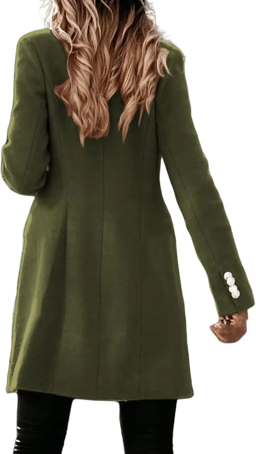 Womens Casual Coat Double Breasted Mid Long Pea Coat Notched Collar Wool Blend Overcoat
