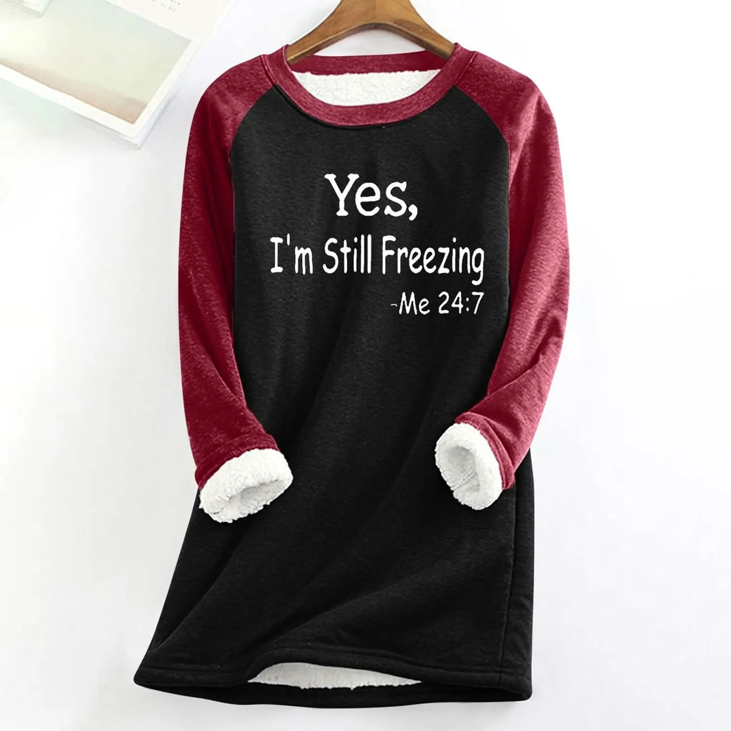 Women's Casual Crewneck Sweatshirts Winter Fleece Warm Letter Print Pullover Tops Thick Long Sleeve Lightweight Clothes