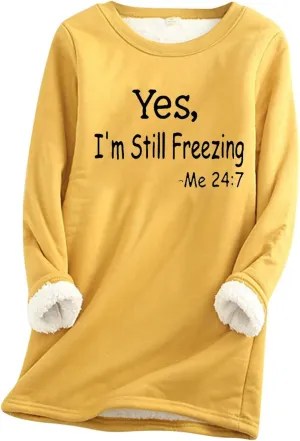 Women's Casual Crewneck Sweatshirts Winter Fleece Warm Letter Print Pullover Tops Thick Long Sleeve Lightweight Clothes