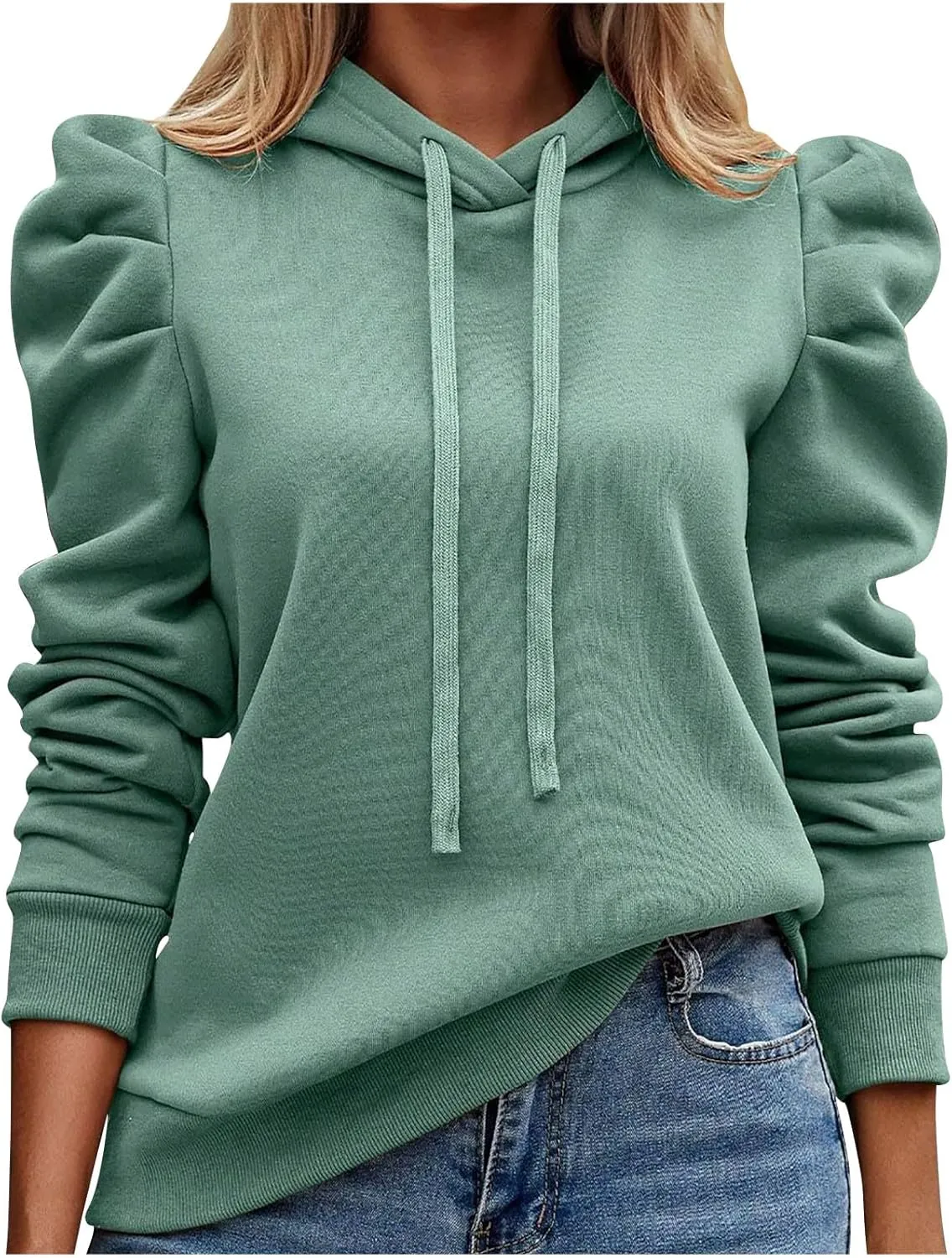 Womens Casual Cropped Hoodies Long Puff Sleeve Crop Tunics Pullover Drawstring Cute Tops Trendy Fall Outfits 2024