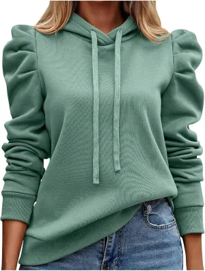 Womens Casual Cropped Hoodies Long Puff Sleeve Crop Tunics Pullover Drawstring Cute Tops Trendy Fall Outfits 2024