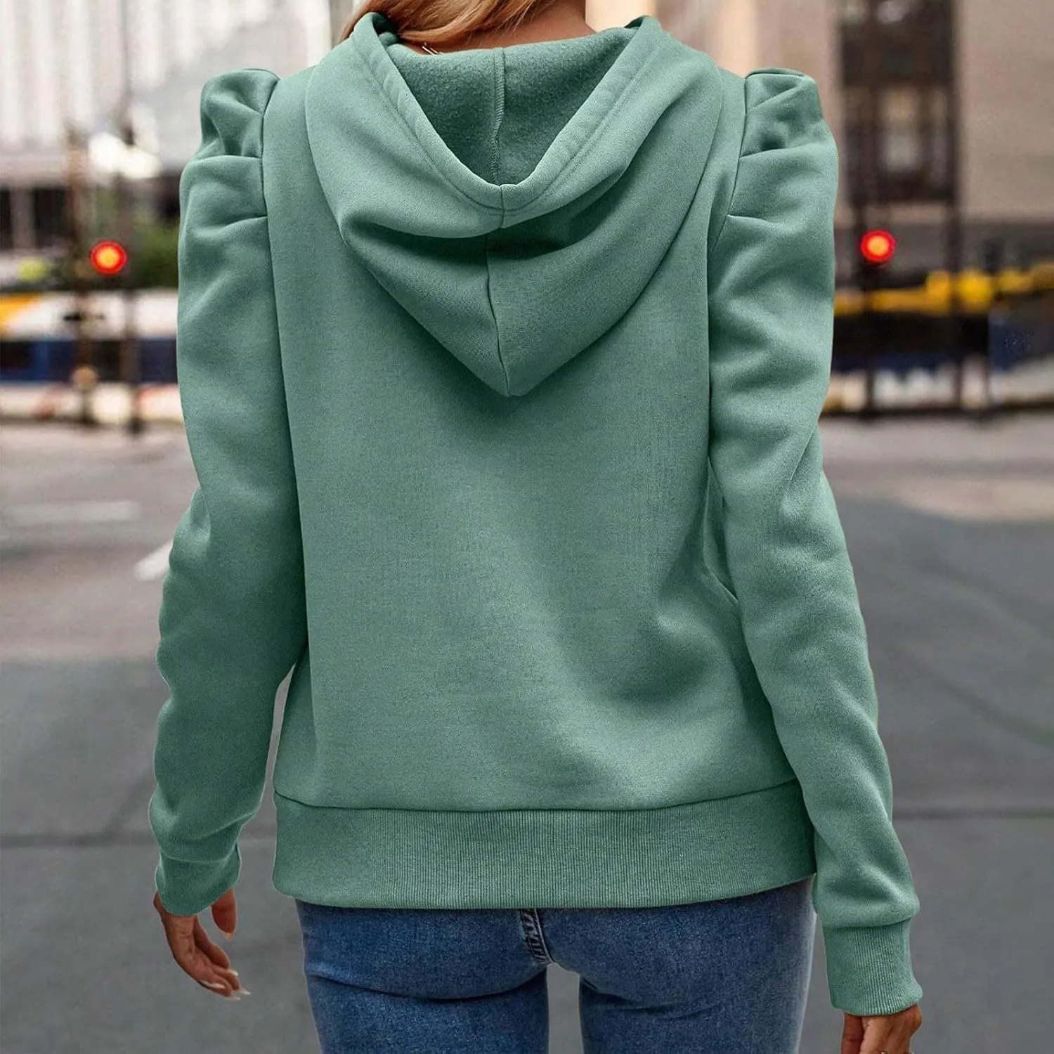 Womens Casual Cropped Hoodies Long Puff Sleeve Crop Tunics Pullover Drawstring Cute Tops Trendy Fall Outfits 2024