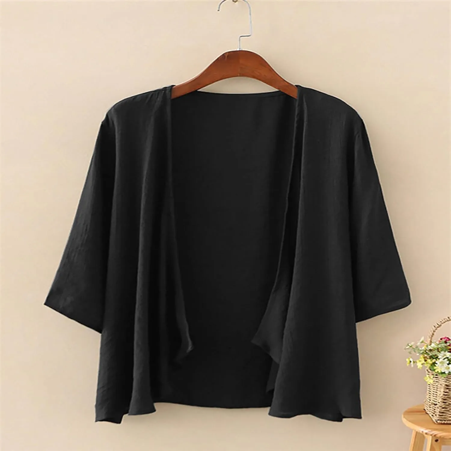 Women's Casual Linen Cotton Lightweight Open Front Cropped Cardigans Soft Ruffles Half Sleeve Sheer Cardigan (S-4XL)