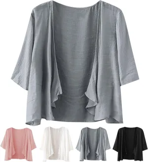 Women's Casual Linen Cotton Lightweight Open Front Cropped Cardigans Soft Ruffles Half Sleeve Sheer Cardigan (S-4XL)