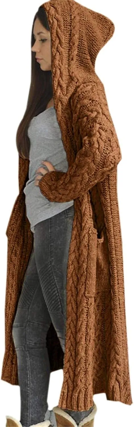 Womens Casual Long Sleeve Open Cardigan Warm Slouchy Hooded Outwear Coat Cable Knit Long Cardigan Sweaters with Pocket