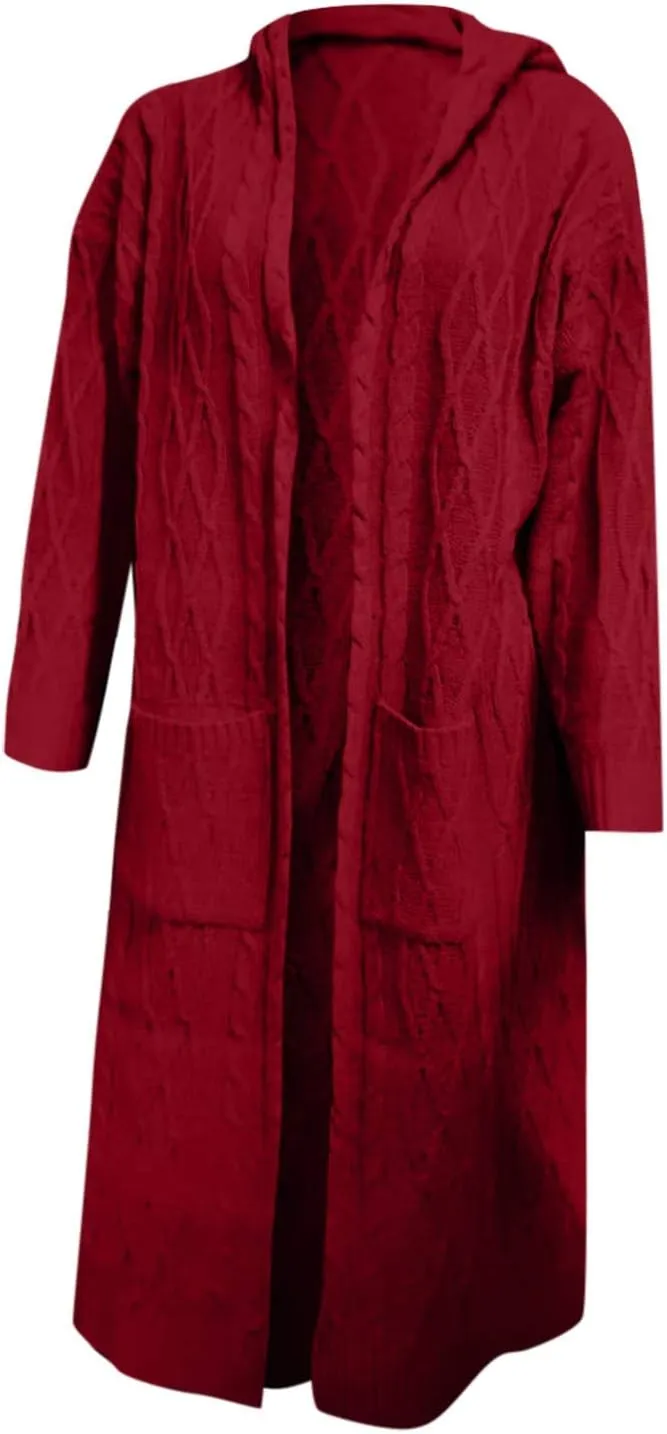 Womens Casual Long Sleeve Open Cardigan Warm Slouchy Hooded Outwear Coat Cable Knit Long Cardigan Sweaters with Pocket