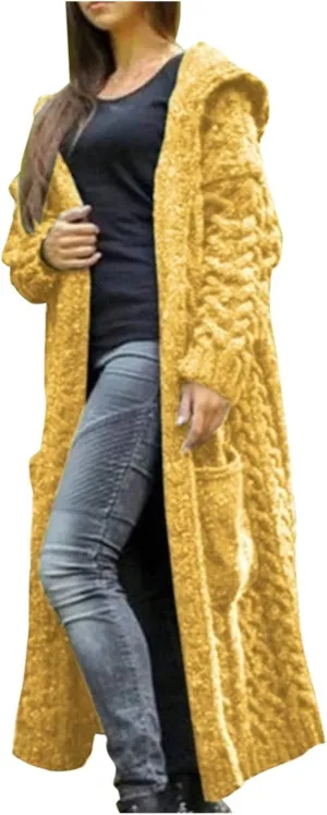Womens Casual Long Sleeve Open Cardigan Warm Slouchy Hooded Outwear Coat Cable Knit Long Cardigan Sweaters with Pocket