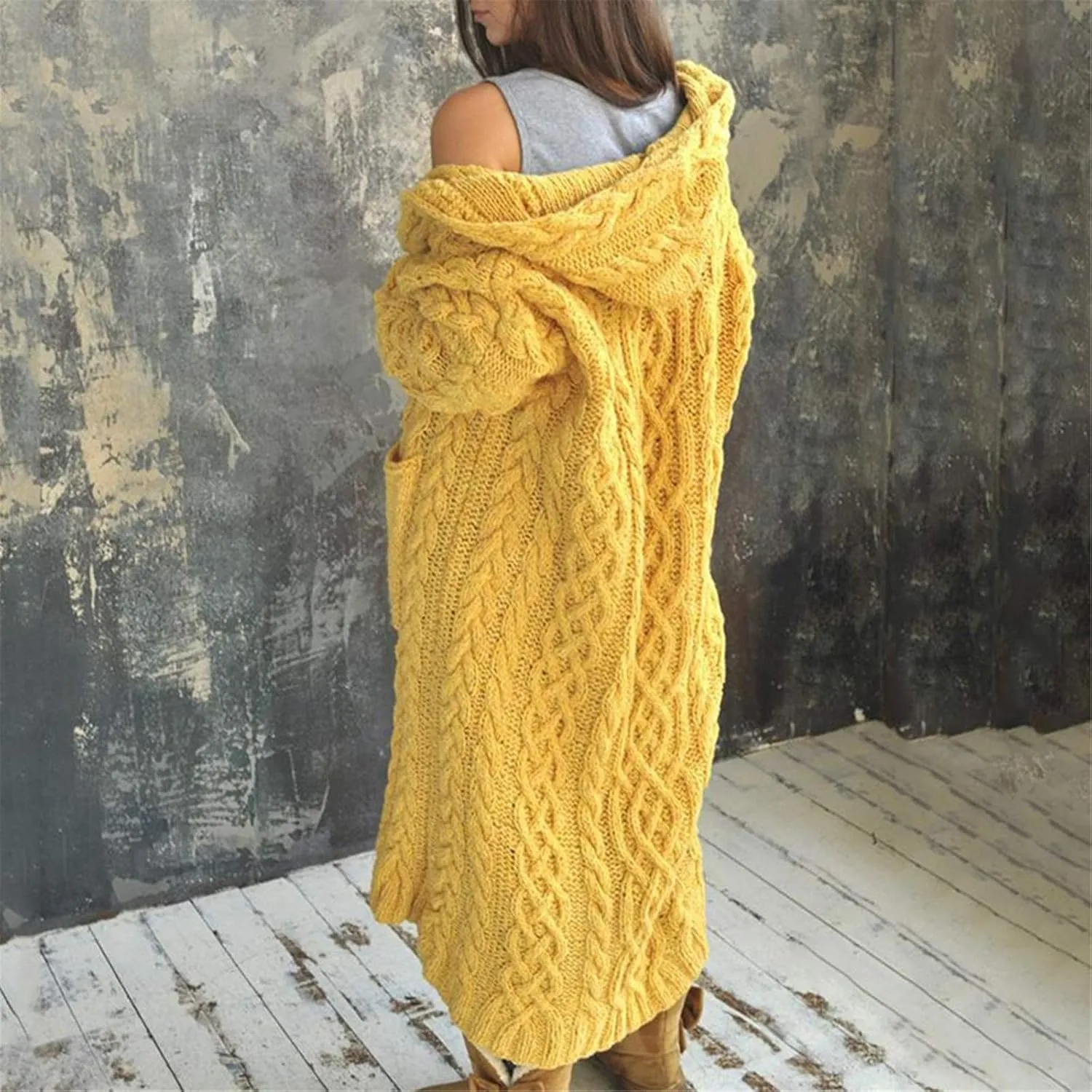 Womens Casual Long Sleeve Open Cardigan Warm Slouchy Hooded Outwear Coat Cable Knit Long Cardigan Sweaters with Pocket