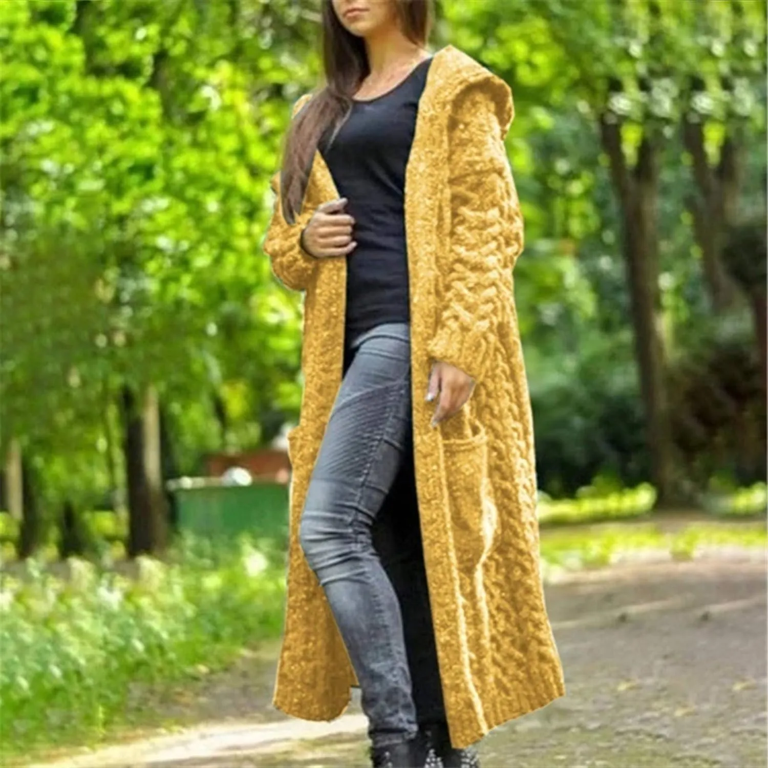 Womens Casual Long Sleeve Open Cardigan Warm Slouchy Hooded Outwear Coat Cable Knit Long Cardigan Sweaters with Pocket