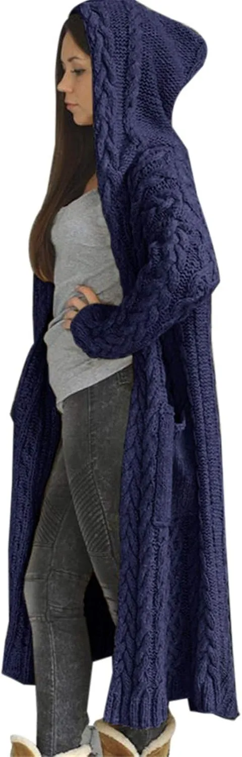 Womens Casual Long Sleeve Open Cardigan Warm Slouchy Hooded Outwear Coat Cable Knit Long Cardigan Sweaters with Pocket