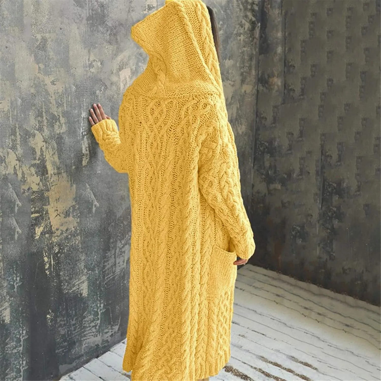 Womens Casual Long Sleeve Open Cardigan Warm Slouchy Hooded Outwear Coat Cable Knit Long Cardigan Sweaters with Pocket