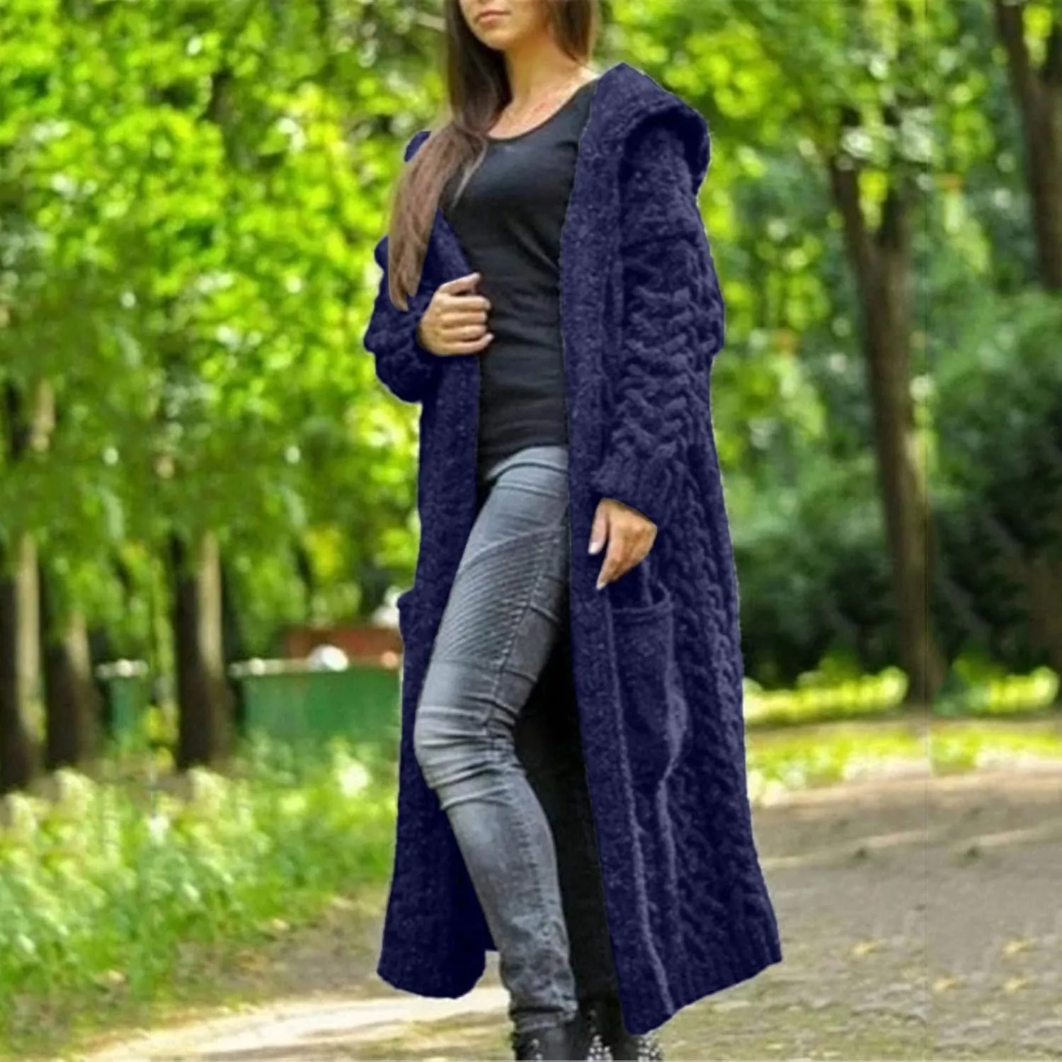 Womens Casual Long Sleeve Open Cardigan Warm Slouchy Hooded Outwear Coat Cable Knit Long Cardigan Sweaters with Pocket