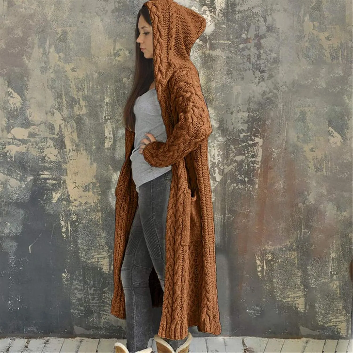 Womens Casual Long Sleeve Open Cardigan Warm Slouchy Hooded Outwear Coat Cable Knit Long Cardigan Sweaters with Pocket
