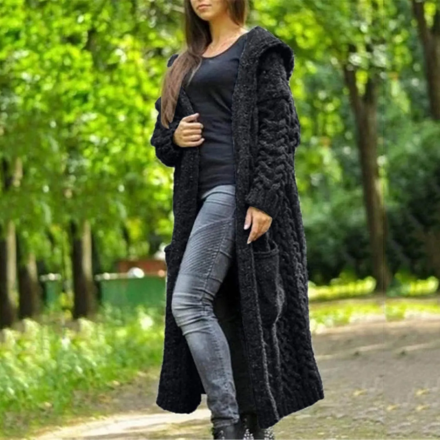 Womens Casual Long Sleeve Open Cardigan Warm Slouchy Hooded Outwear Coat Cable Knit Long Cardigan Sweaters with Pocket