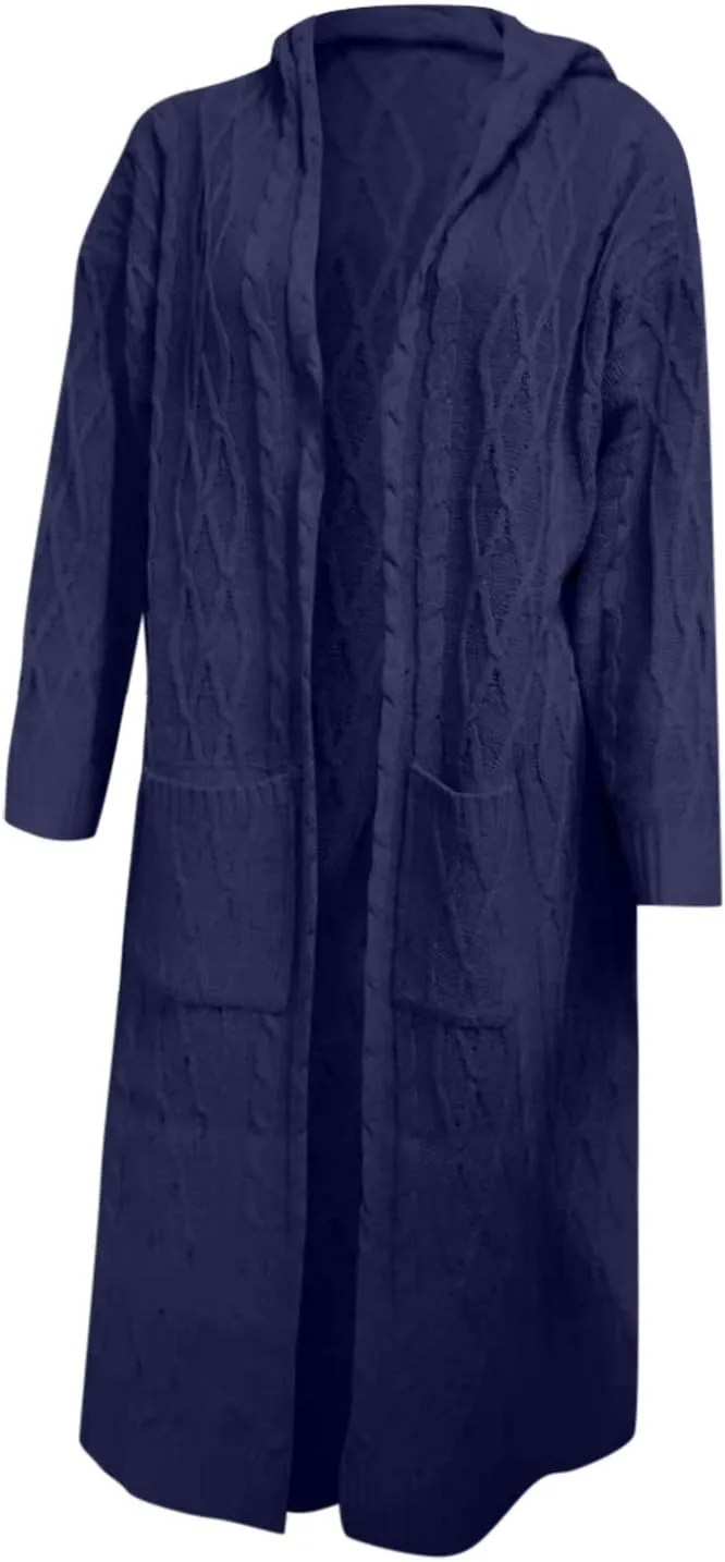 Womens Casual Long Sleeve Open Cardigan Warm Slouchy Hooded Outwear Coat Cable Knit Long Cardigan Sweaters with Pocket