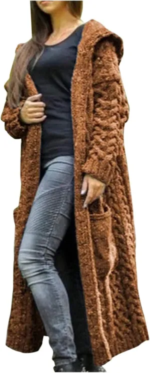 Womens Casual Long Sleeve Open Cardigan Warm Slouchy Hooded Outwear Coat Cable Knit Long Cardigan Sweaters with Pocket
