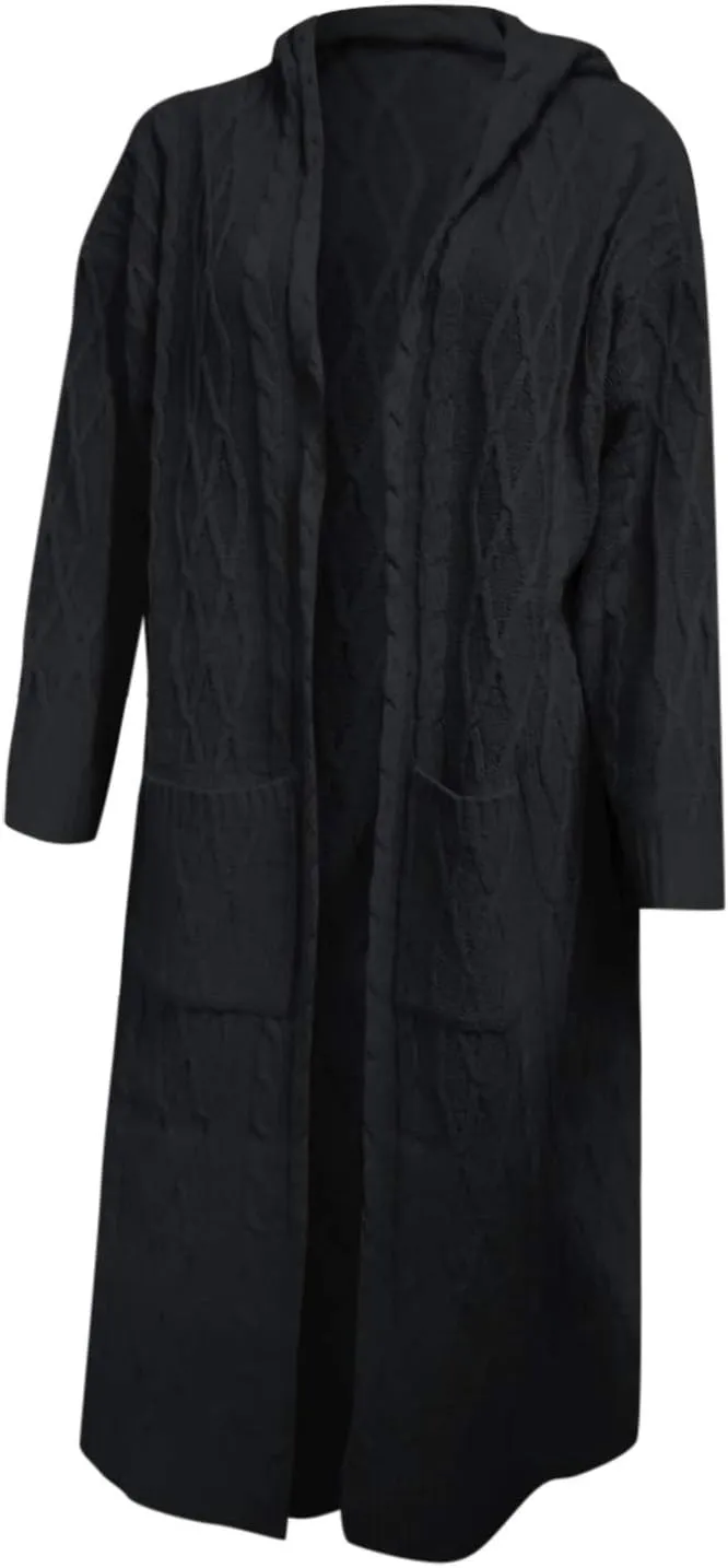 Womens Casual Long Sleeve Open Cardigan Warm Slouchy Hooded Outwear Coat Cable Knit Long Cardigan Sweaters with Pocket