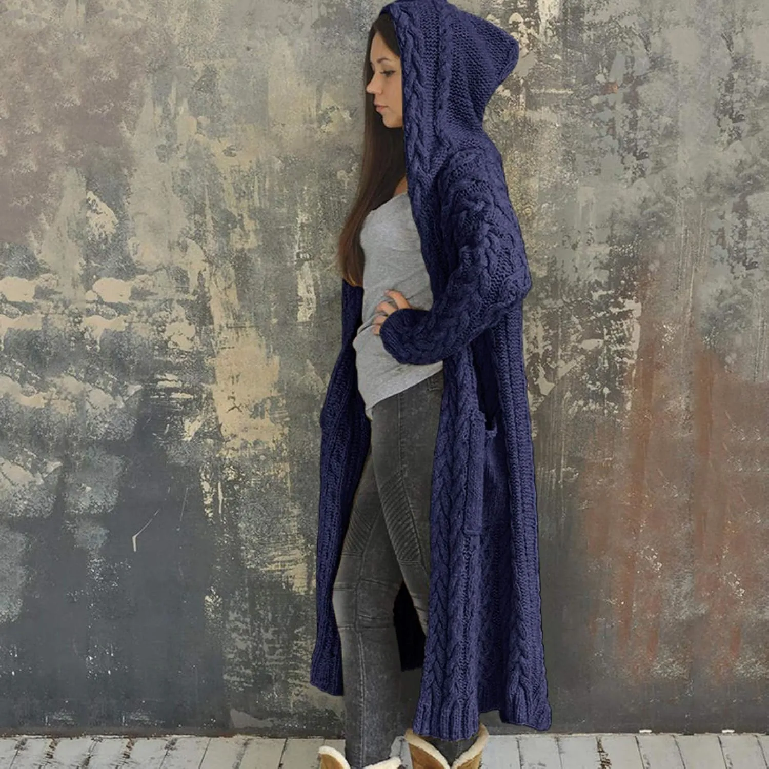 Womens Casual Long Sleeve Open Cardigan Warm Slouchy Hooded Outwear Coat Cable Knit Long Cardigan Sweaters with Pocket