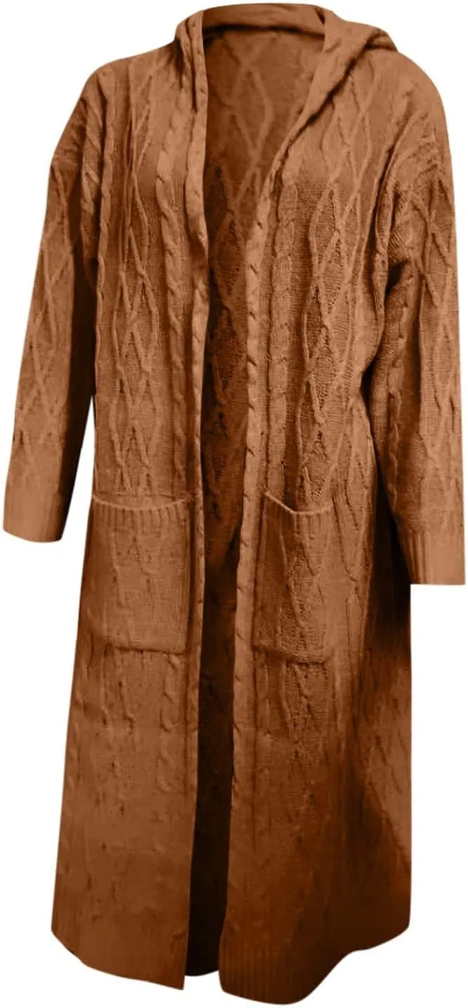 Womens Casual Long Sleeve Open Cardigan Warm Slouchy Hooded Outwear Coat Cable Knit Long Cardigan Sweaters with Pocket