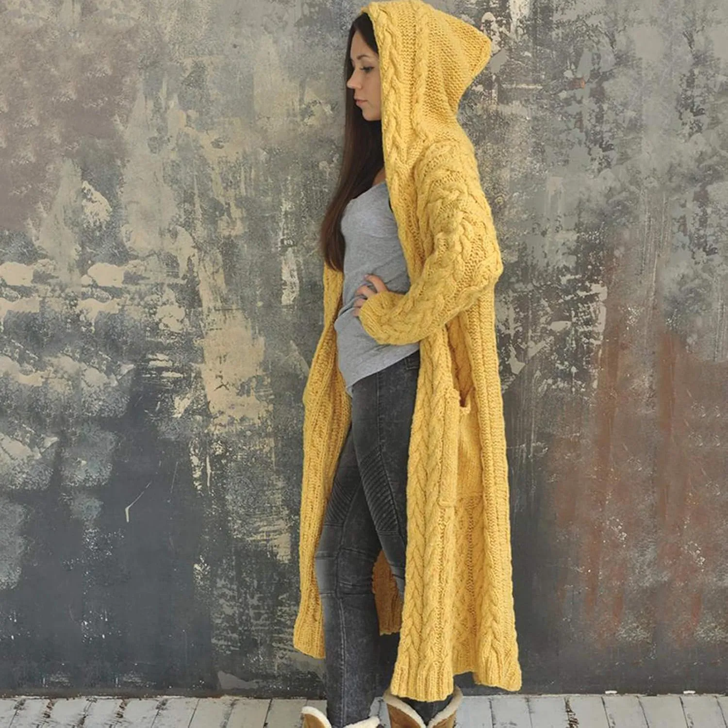 Womens Casual Long Sleeve Open Cardigan Warm Slouchy Hooded Outwear Coat Cable Knit Long Cardigan Sweaters with Pocket