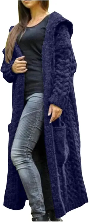 Womens Casual Long Sleeve Open Cardigan Warm Slouchy Hooded Outwear Coat Cable Knit Long Cardigan Sweaters with Pocket