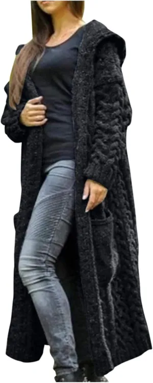 Womens Casual Long Sleeve Open Cardigan Warm Slouchy Hooded Outwear Coat Cable Knit Long Cardigan Sweaters with Pocket