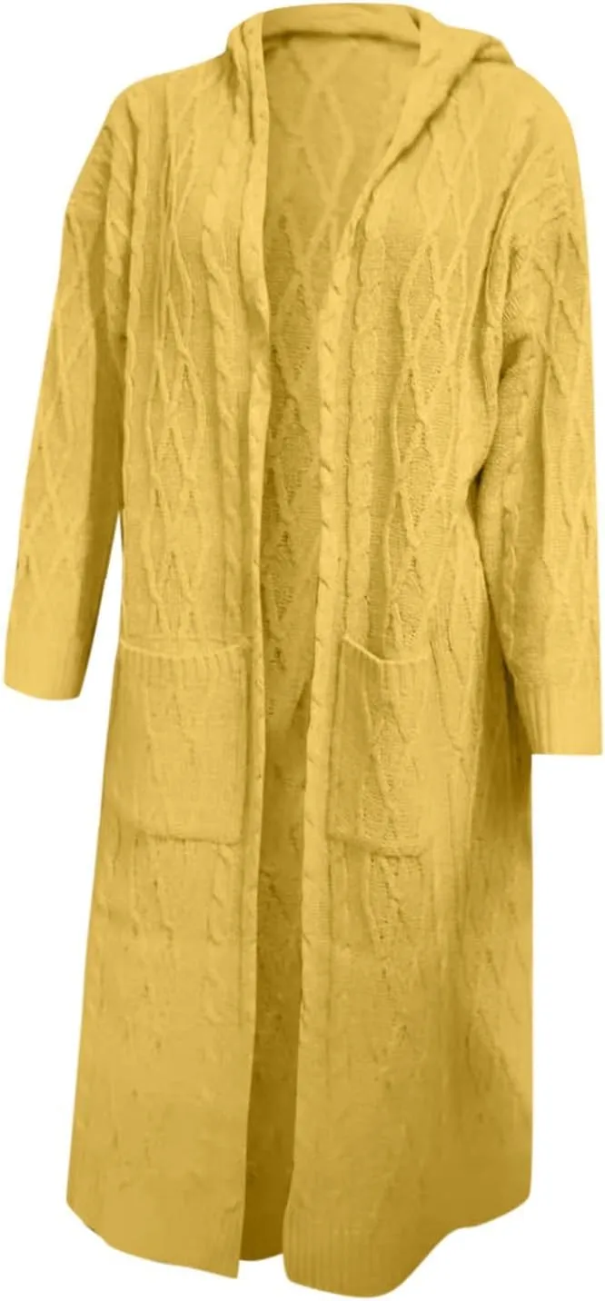 Womens Casual Long Sleeve Open Cardigan Warm Slouchy Hooded Outwear Coat Cable Knit Long Cardigan Sweaters with Pocket