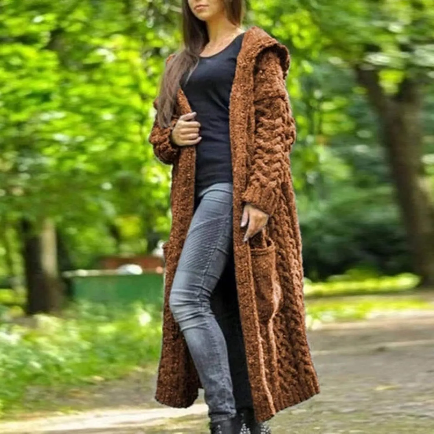 Womens Casual Long Sleeve Open Cardigan Warm Slouchy Hooded Outwear Coat Cable Knit Long Cardigan Sweaters with Pocket