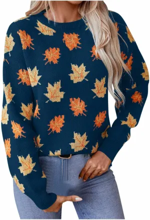 Women's Casual Maple Leaf Print Crewneck Knit Sweater 2024 Fall Winter Fashion Long Sleeve Graphic Loose Jumpers Tops