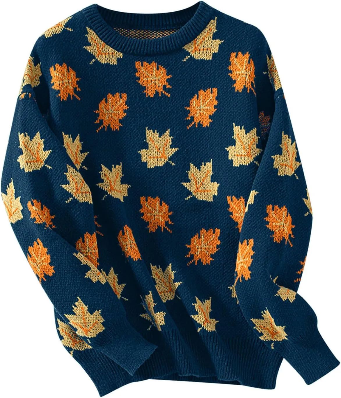 Women's Casual Maple Leaf Print Crewneck Knit Sweater 2024 Fall Winter Fashion Long Sleeve Graphic Loose Jumpers Tops